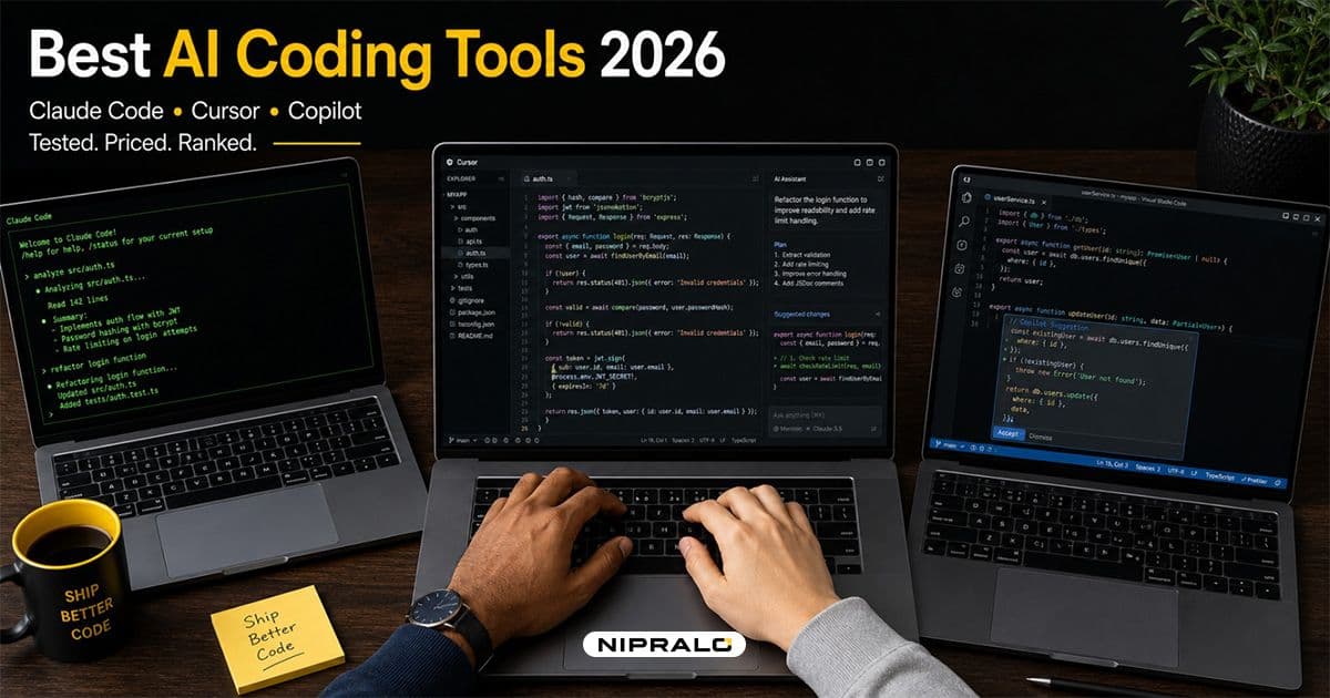 Comparison of best AI coding tools in 2026 showing Claude Code, Cursor, and GitHub Copilot side by side with pricing and benchmark data